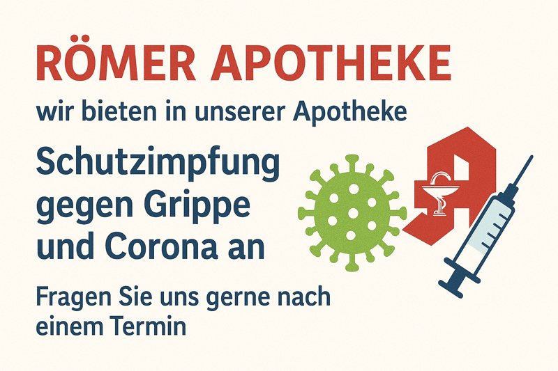 Römer Apotheke – tägliche Grippe- und Coronaimpfungen ohne Voranmeldung Werbebanner der Römer Apotheke mit dem Hinweis: Wir impfen in der RÖMER APOTHEKE! TÄGLICH Grippeschutzimpfung und gegen CORONA – ohne Voranmeldung. Rechts daneben Symbole einer Spritze, eines Virus und das rote Apotheken-A.